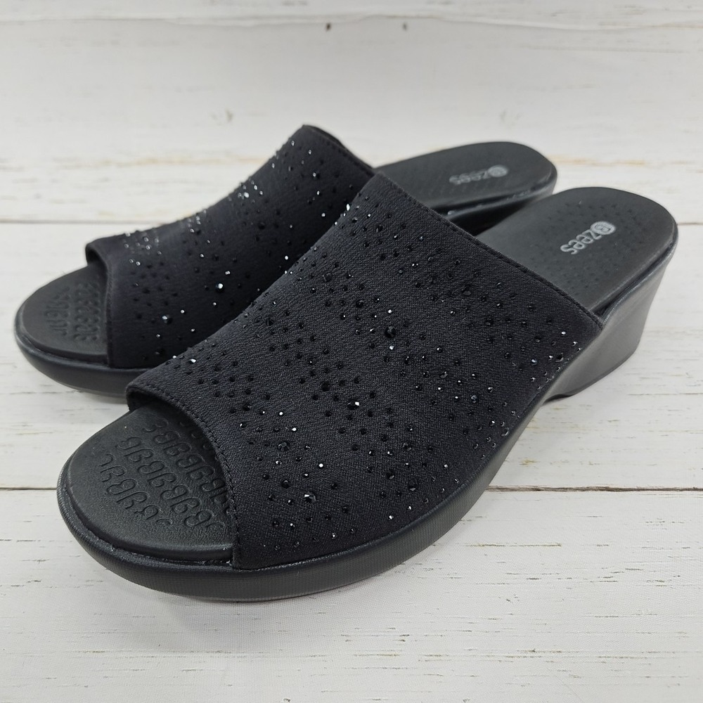 Bzees Liberty 10 Black Sparkle Wedge Comfort Shoes Fabric Stretch Slip On Sandal
